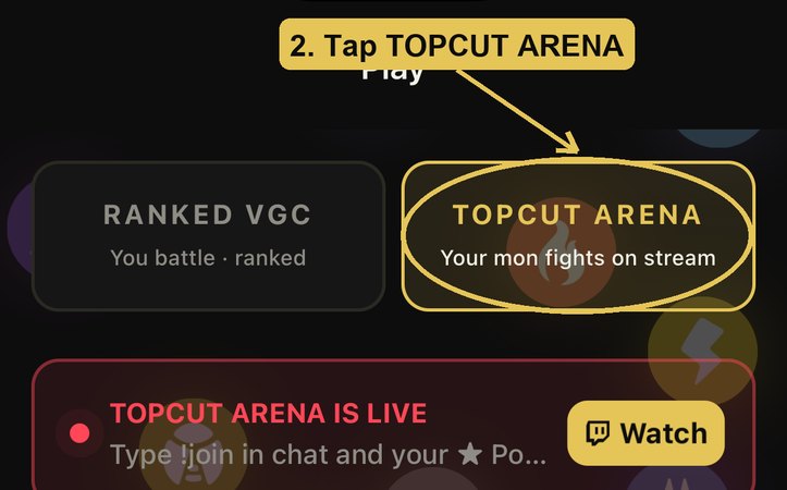 The Play screen with the TOPCUT ARENA tab circled