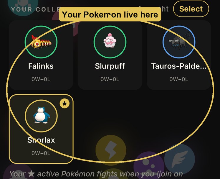 The TopCut Arena screen with the collection of caught Pokemon circled