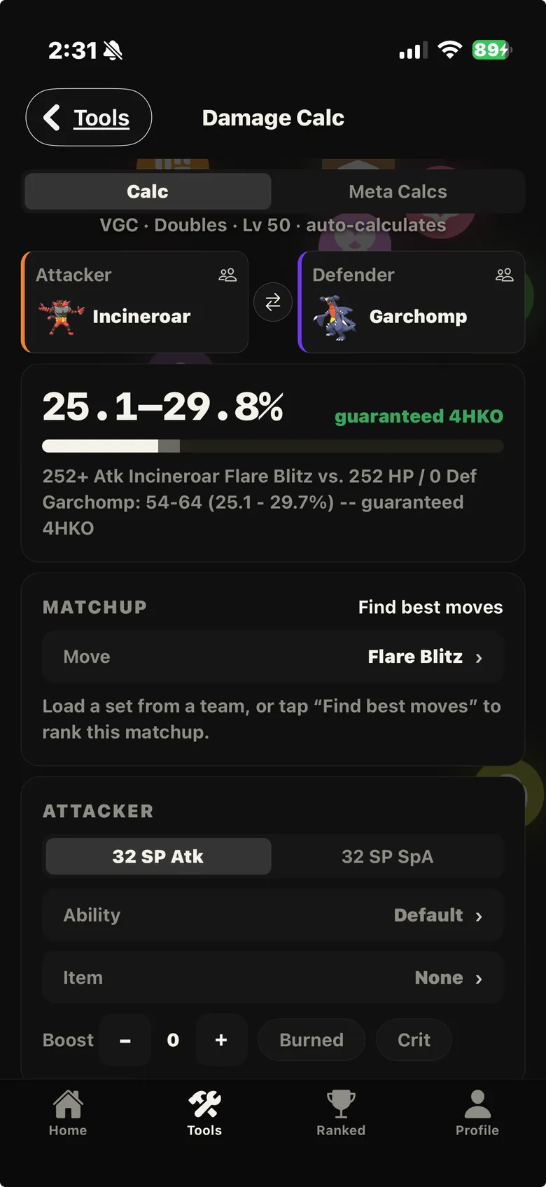 TopCut VGC damage calculator: 252+ Atk Incineroar Flare Blitz vs Garchomp, 25.1 to 29.8 percent, guaranteed 4HKO.