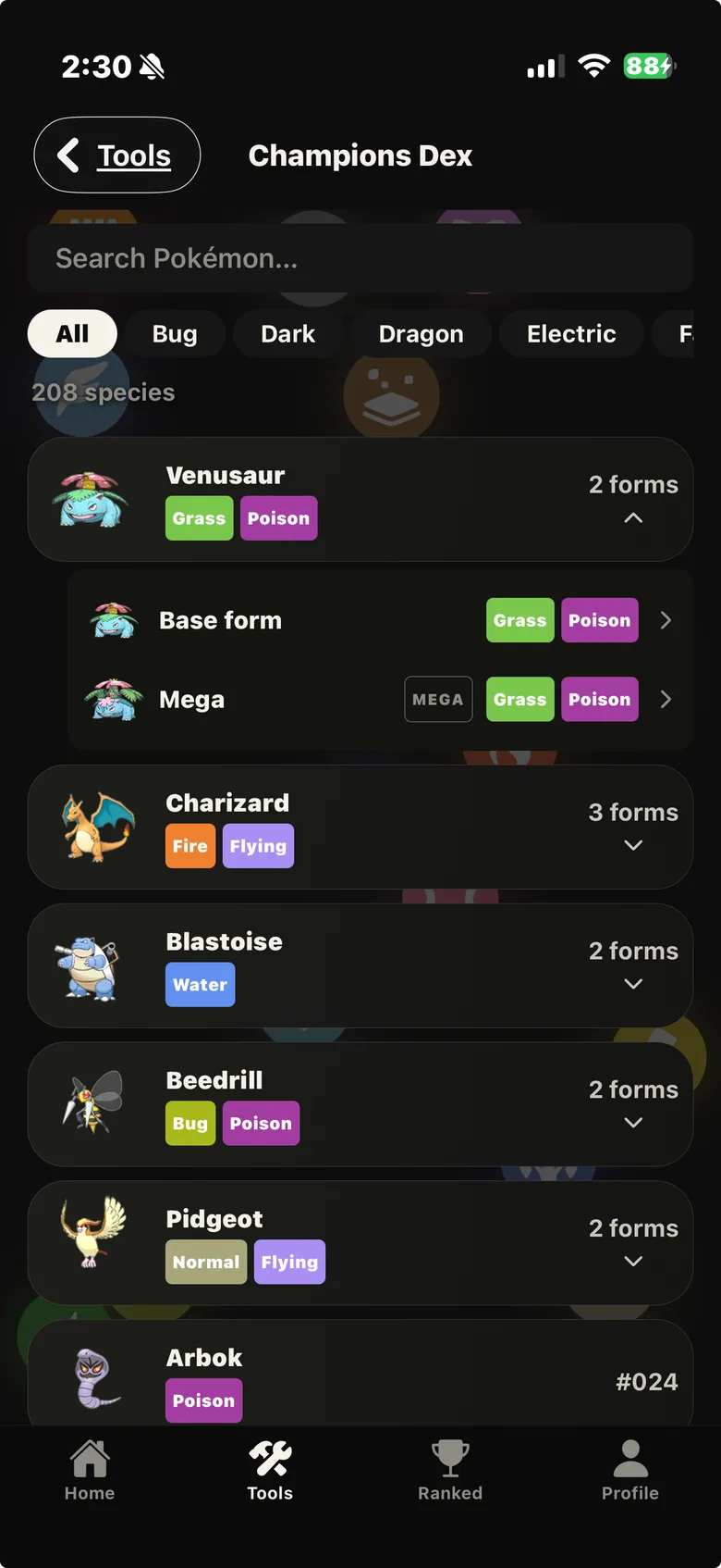 TopCut VGC Champions Dex: searchable list of legal Pokemon with types and forms, 208 species.