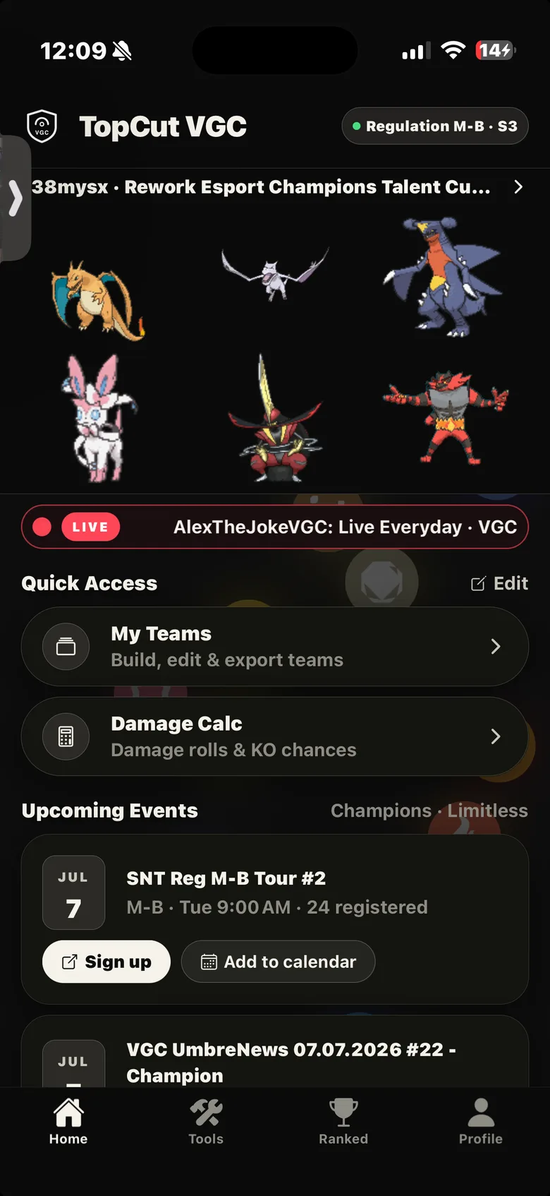 TopCut VGC home screen: your team showcase, a live streamer banner, quick-access shortcuts, and upcoming events.