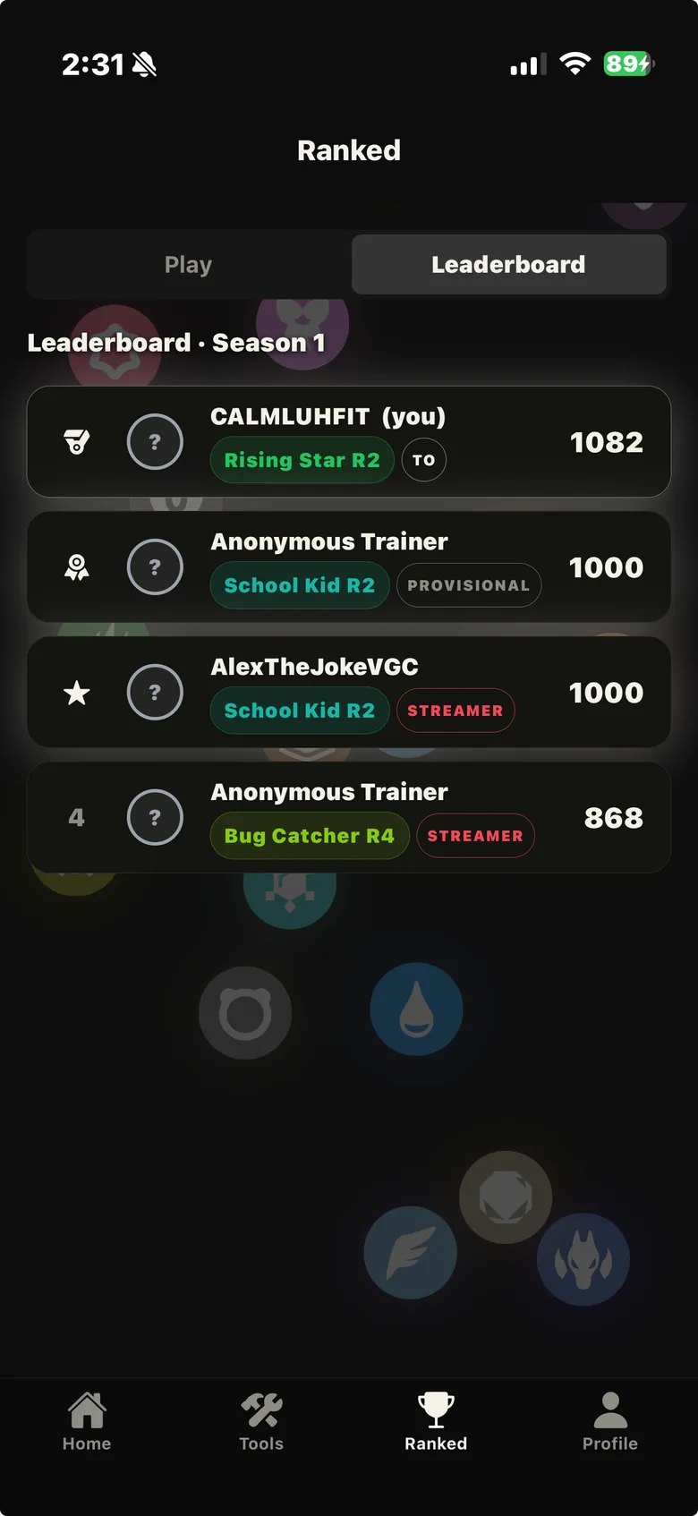 TopCut VGC Season 1 leaderboard: ranked trainers with tier badges and ratings, streamer badges shown.