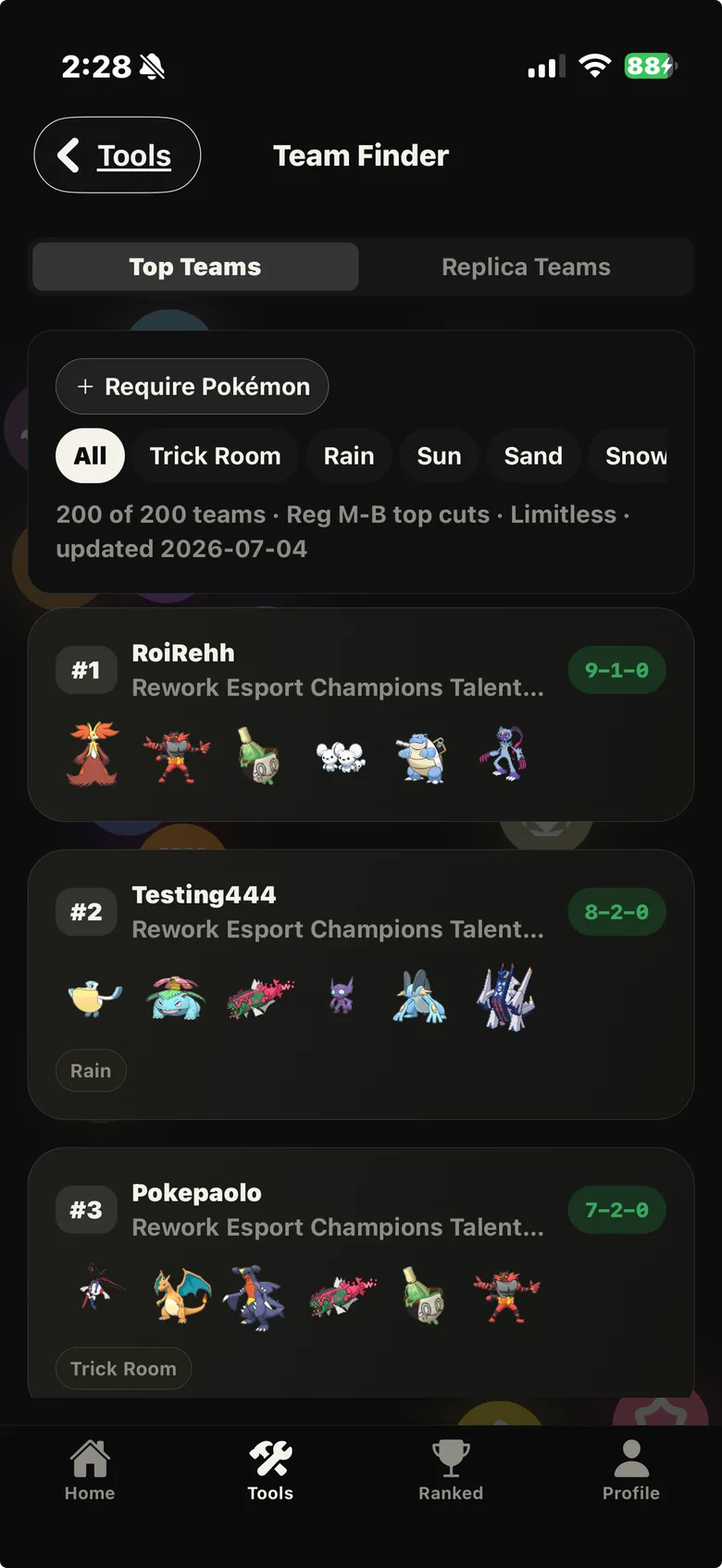TopCut VGC Team Finder: 200 top-cut teams from recent Reg M-B events, ranked by record.